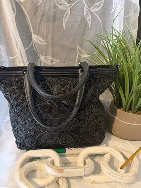 Embroidered Black Leather Tote Bag